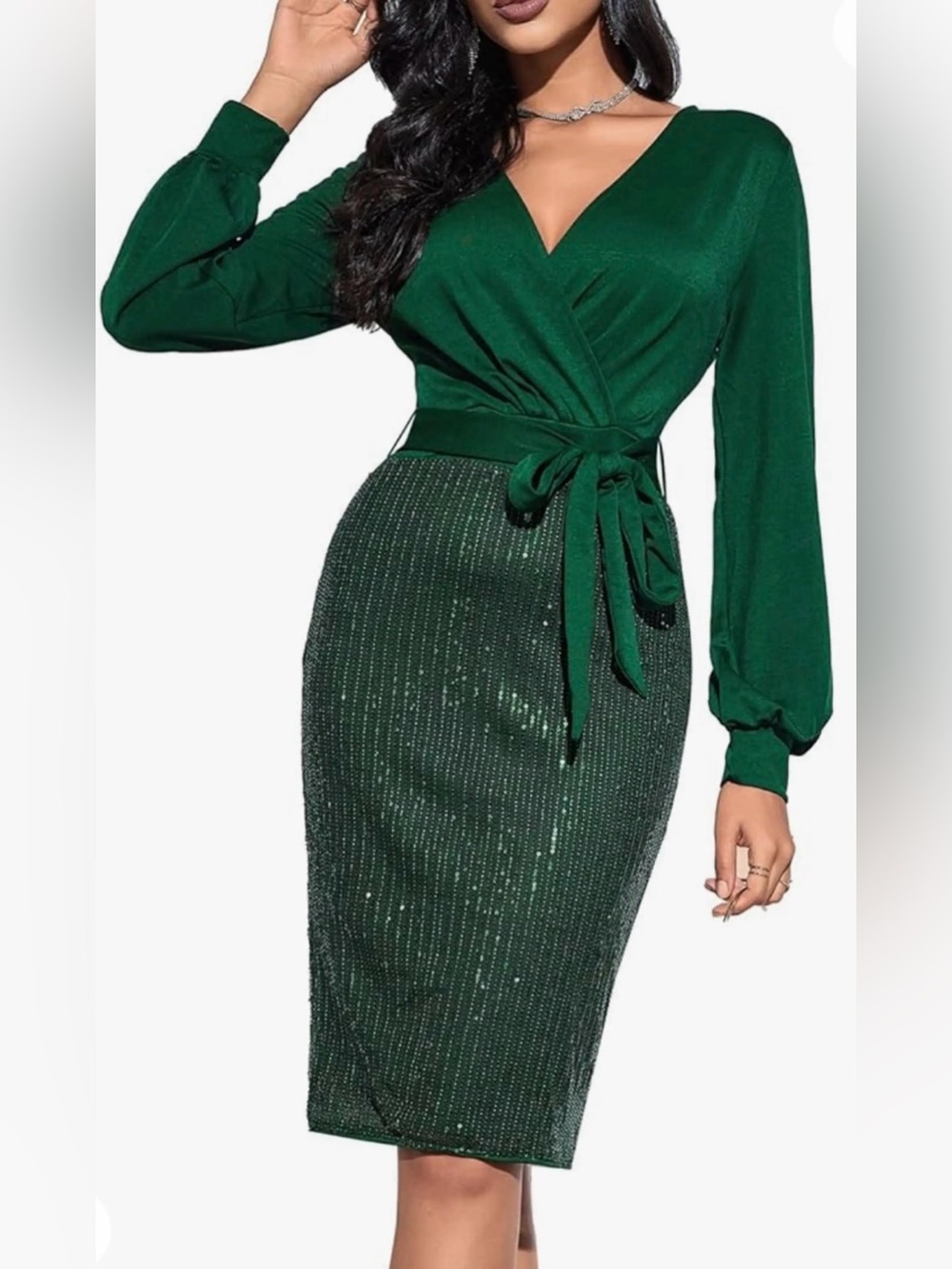 Grace Karin Emerald Green Wrap-Sequin Pencil Dress